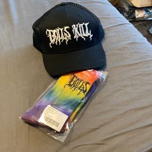 Dolls Kill Trucker Hat and Rainbow Socks combo